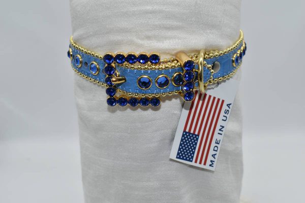 BB Simon Swarovski Crystal Leather Rhinestone Dog Collar - DC Blue